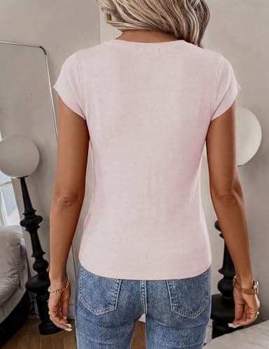 LaGracia Womens Short Sleeve Sweater Wool Blend Cashmere V Neck Cropped Sweaters Lightweight Business Casual Sweater Tops Basic Summer Outfits Beige Pink XL - Thumbnail 3