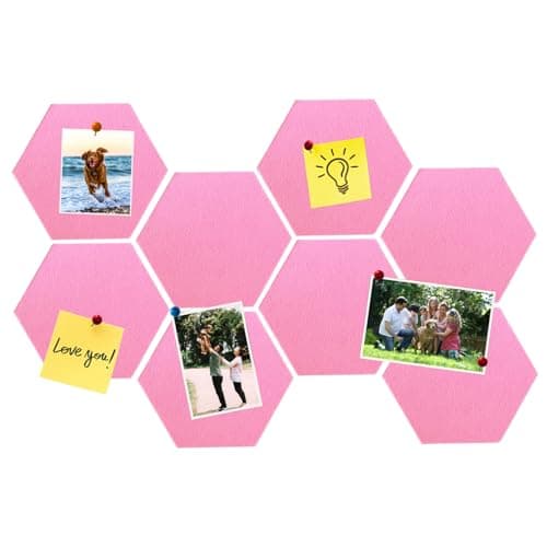 HULAVO 8 Pcs Hexagon Felt Cork Bulletin Board Tiles, Self Adhesive DIY Bulletin Board Pin Board for Office School Home Wall Decor Memos Photos Display(Bright Pink) - Image 1