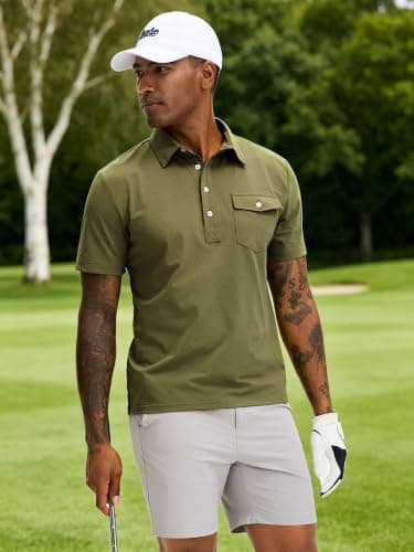 JEMLDL Short Sleeve Polo Shirts for Men Summer Quick Dry Stretch Slim Fit Golf Shirt with Pocket 4 Button Placket Olive L - Thumbnail 4