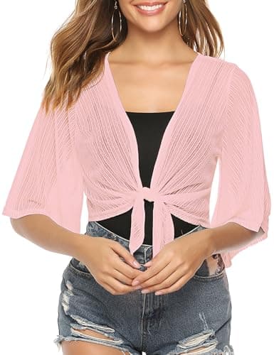 iClosam Women Tie Front Chiffon Shrug Short Sleeve Cropped Sheer Bolero Shrug Cardigan - Image 1