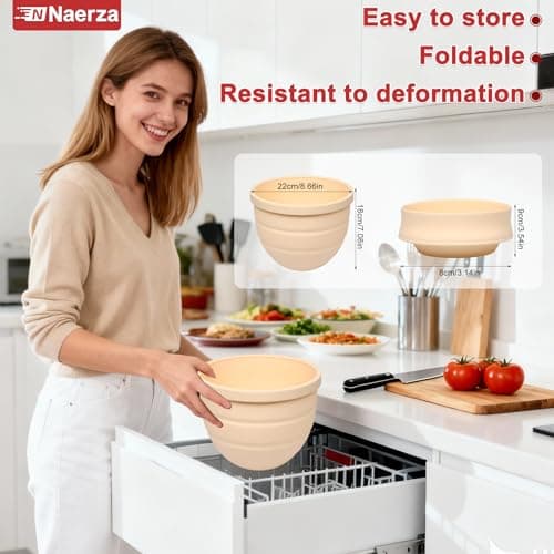 Naerza Silicone Bowl Insert for Kitchen Aid 5 Qt Tilt-Head - Patented Design Bowl Liner, 2pack with Lids, Resistant to collapse Thicker Bowl Insert, Foldable, Heat/Cold Resistant (Beige*Pink) - Thumbnail 4