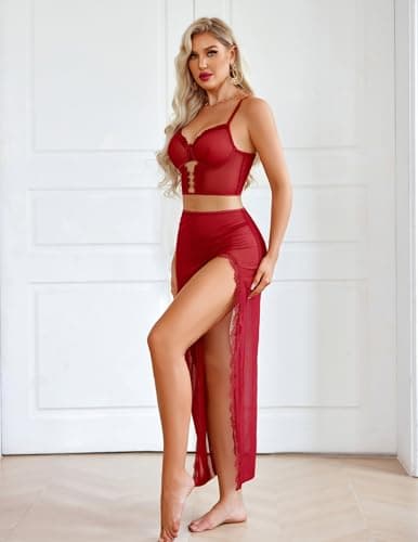 Avidlove Lingerie for Women 3 Pieces Set - Lace Long Nightgown with Side Split, Sexy Chemise for Bridal & Valentine's Day Wine Red - Thumbnail 4