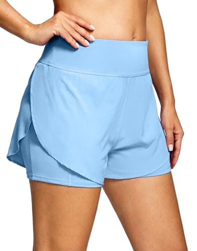 Soothfeel Women's 2 in 1 Running Shorts - High Waisted Lightweight Athletic Workout Gym Yoga Shorts Spandex Liner with Pockets new_Light_Blue XL - Image 1
