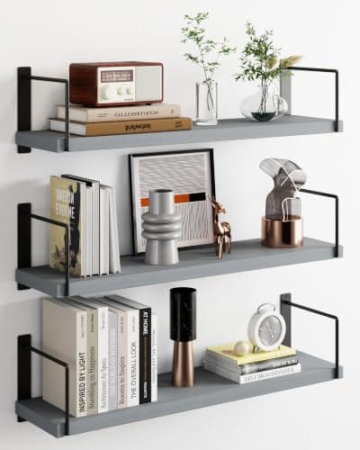 EALLRINEC Floating Shelves - 24 Inch Wall Mounted Set of 3, Rustic Wood Storage Shelves for Living Room (Grey) - Image 1