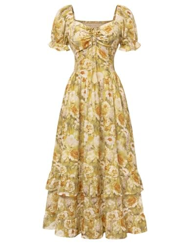 Scarlet Darkness Women Floral Cottagecore Dress Puff Sleeve Maxi Ruffled Corset Dress Yellow Floral XXL - Image 1