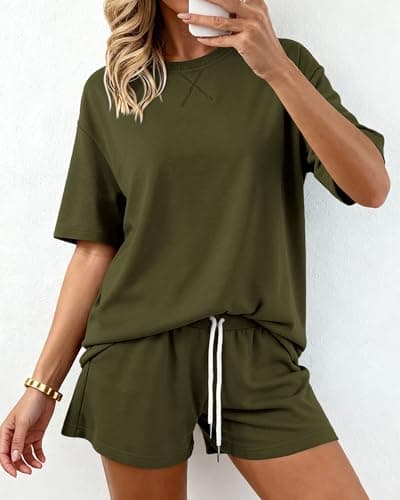 Zenlonr Women's Two Piece Lounge Sets 2026 Summer Casual Oversized Shirts Shorts Matching Airport Travel Outfit(Army Green,Large) - Thumbnail 6