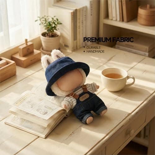 BLISSWEAVE Doll Clothes Set, 3-Piece Outfit with Denim Overalls, Bucket Hat, Striped T-Shirt, Fits 15-17 cm Dolls - Thumbnail 5