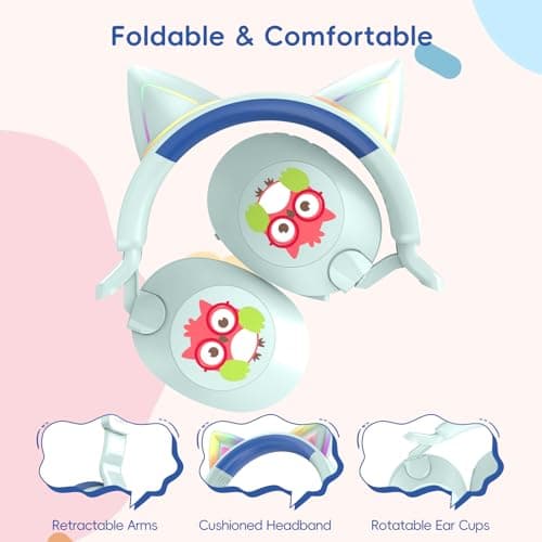 LOBKIN Kids Headphones with Microphone Bluetooth 6.0, Toddler Headphones LED Ligh Rotatable Foldable Sensitive Mic Adjustable 85/94dB Volume Limit Real-time Audio Feedback for Boys Girls Online School - Thumbnail 4