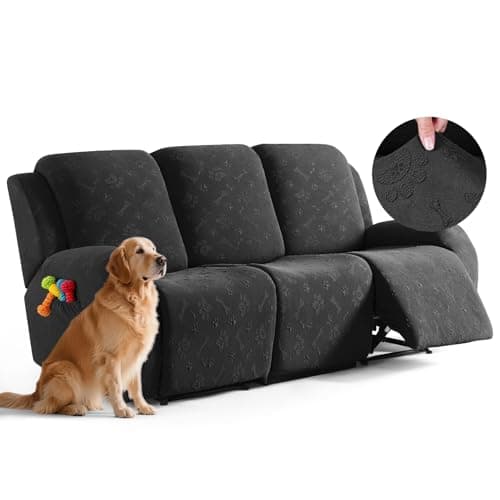 Ruaozz Recliner Sofa Covers, 8-Pieces Recliner Couch Cover Stretch Paw Bone Prints Reclining Sofa Slipcovers Soft Furniture Protector with Pockets for Dogs Pets (3 Seat, Black)