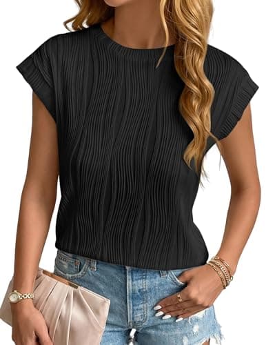 Aprolive Dressy Casual Blouses for Women Cute Work Tops 2026 Summer Cap Short Sleeve Slim Fit Shirts(Black,Medium) - Image 1