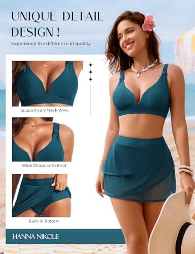 Hanna Nikole Modest Bikini Sets with Asymmetrical Layers Skort Womens Two Piece Tummy Control Bathing Suits Blue Green M - Thumbnail 5