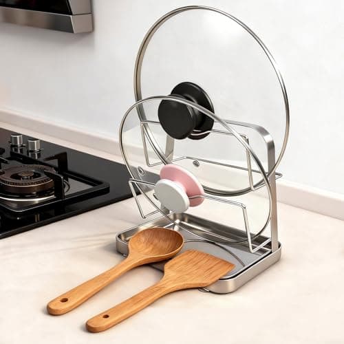 YJREW 304 Stainless Steel Pot Lid Organizer & Spoon Rest, Pot Lid Holder Storage Rack for Kitchen Countertop, Multifunctional Stove Top Pot Cover Stand While Cooking - Image 1