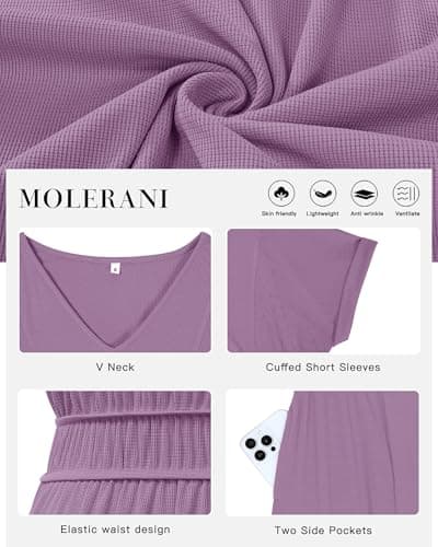 MOLERANI Womens Casual V Neck Short Sleeve Midi Dress 2026 Waffle Knit Button Elastic Waist Pockets Flowy A Line Summer Dress for Beach Vacation Resort Wear Cruise Dresses, Mauve, XL - Thumbnail 4