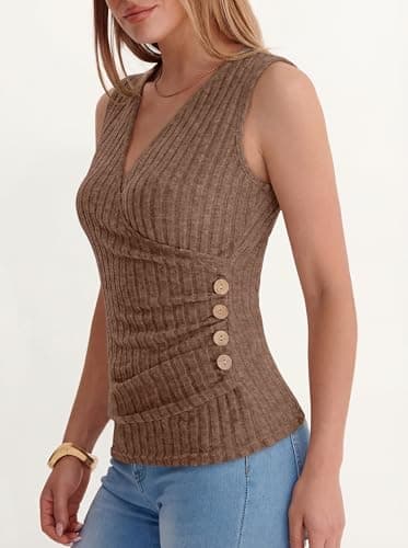 ANRABESS Tank Tops for Women V Neck Sleeveless Sexy Top Ribbed Slim Fitted Tanks, 2026 Casual Summer Daily Wear & Going Out Brown Small - Thumbnail 5