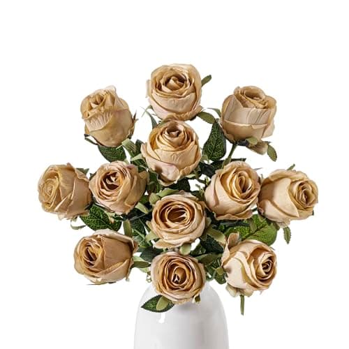 Wenhuidr 12pcs Champaign Roses Artificial Flowers – Realistic Silk Velvet Fake Flowers with Long Stems for Valentines Day Wedding Bouquets Home Decoration Party Centrepieces & DIY Floral Arrangements - Image 1