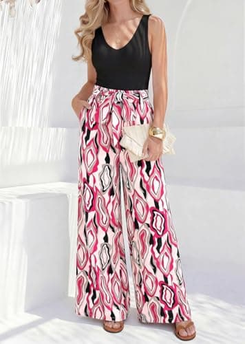 BTFBM Two Piece Sets For Women Summer 2026 Spring Outfits Casual Sleeveless Wide Leg Pants Sets Beach Vacation Clothes(Floral White Rose Red, XX-Large) - Thumbnail 4