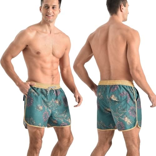 Ipletix Mens Swim Trunks 80s 90s Vintage Short with Mesh Lining Quick Dry Beach Swim Suits Board Shorts Green L - Thumbnail 2
