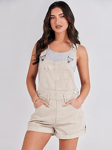 ANRABESS Overalls for Women Denim Shorts Overalls 2025 Summer Casual Loose Fit Adjustable Rompers Jean jumpsuit Bib Shortalls Apricot Large - Thumbnail 5