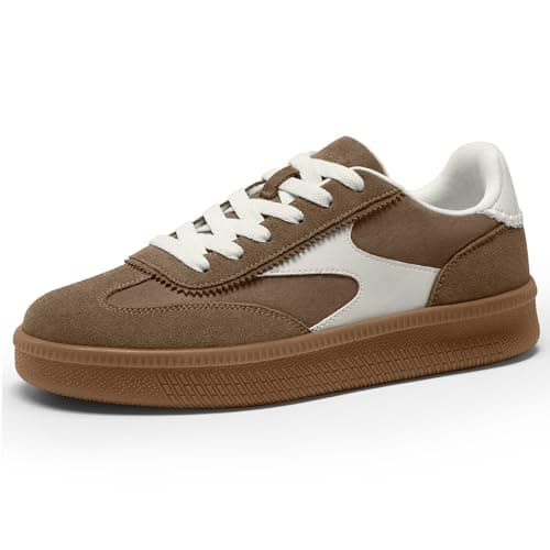 Vilanva Women's Fashion Sneakers Casual Tennis Shoes with Genuine Suede Classic Retro Gum Sole Walking Trendy Footwear Dark Taupe Multi - Image 1