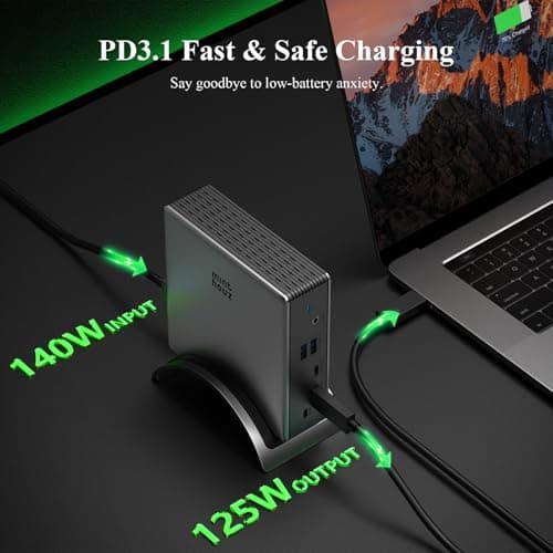 Minthouz USB-C Docking Station, PD3. 1 Docking Station, 3 Monitors with 4K@144Hz, 2×HDMI + DP, 140W PD Charge, USB-C 10Gbps, 2×USB-A 5Gbps, Gigabit Ethernet, Audio/Mic, for Chrome OS & Windows - Thumbnail 3