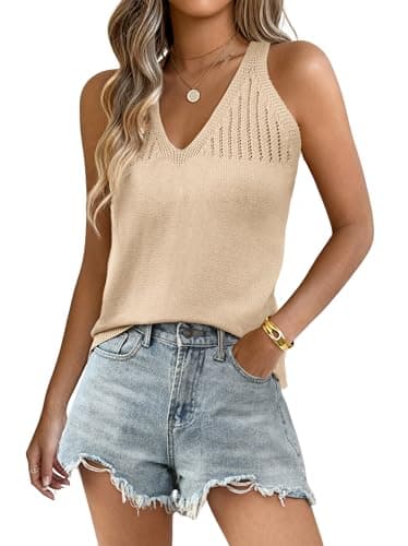 Yeokou Sweater Vest for Women Crochet Tank Top Knitted Tops Camis Tee Halter V Neck Sleeveless Summer Shirts Pullover(Apricot-XS) - Image 1