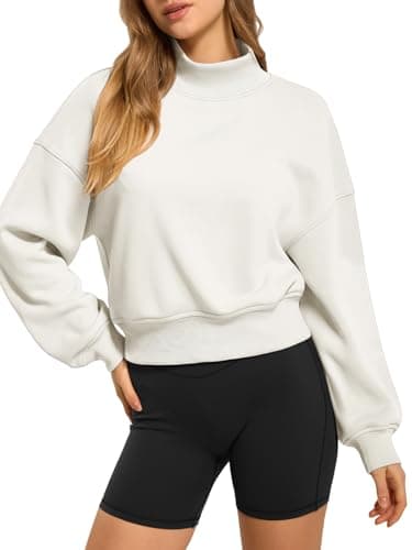 ATHMILE Womens Cropped Sweatshirts Oversized Turtleneck Long Sleeve Tops 2026 Spring Winter Loose Pullover Teen Girls Clothes White - Image 1