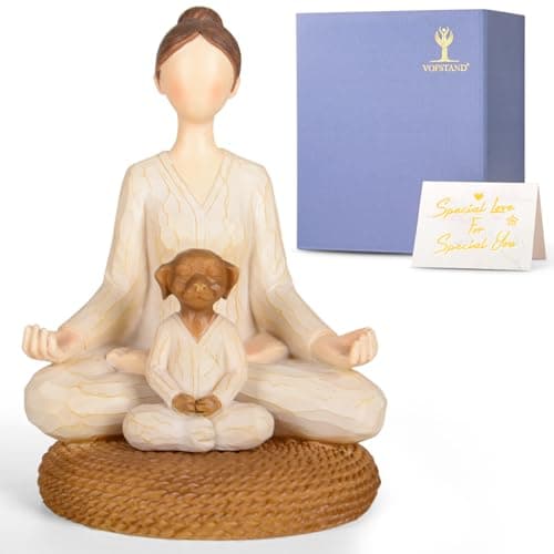 Vofstand Yoga Meditation Statue Gifts for Women - Mini Yoga Girl with Cat Dog Figurines Gift for Office Cute Relaxation Gifts for Yoga Lovers & Cat Dog Lover Resin Yoga Figurine Decor Table Ornament - Image 1