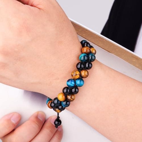 PAKUNDAS Handmade Triple Protection Bracelet,Bracelets for Men Women Natural Tiger Eye Jewelry Stone Hematite and Obsidian 8mm Crystal Bracelet - Adjustable Size with Premium Gift-Box - Thumbnail 4