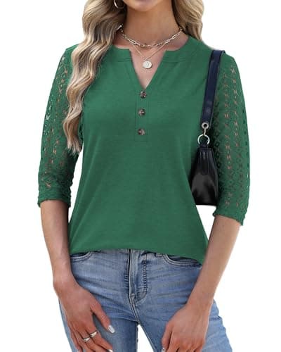Bakoliza Summer Outfits for Women 3/4 Lengtj Lace Sleeve Tops Soft Trendy Casual Blouses Green - Thumbnail 2