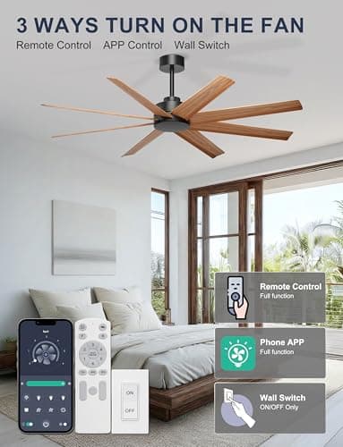 Ohniyou 60'' Ceiling Fan No Light - 8 Blades Modern Farmhouse Ceiling Fan Remote/APP Control, Covered Outdoor Ceiling Fan for Patio, Living Room, Black+Wood Color - Thumbnail 2