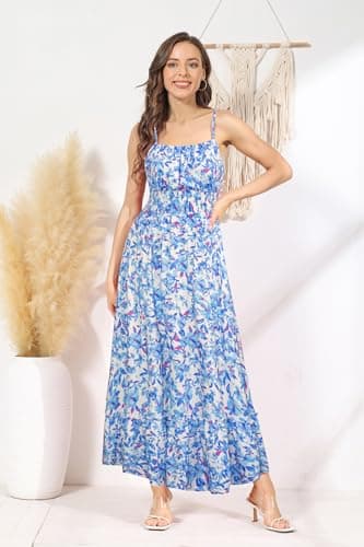 Women's 2025 Summer Floral Boho Dress Square Neck Strapped Swing A Line Beach Long Maxi Dress with Pockets Blue Floral L - Thumbnail 3