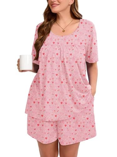 AusLook Women's Plus Size Pajama Sets Short Sleeve Top and Shorts Pink Tiger Hearts 2X Casual Comfy Soft Ladies Short Pajamas Set Loungwear Sleepwear Pjs Set 2 Piece Lounge Set with Pockets - Image 1