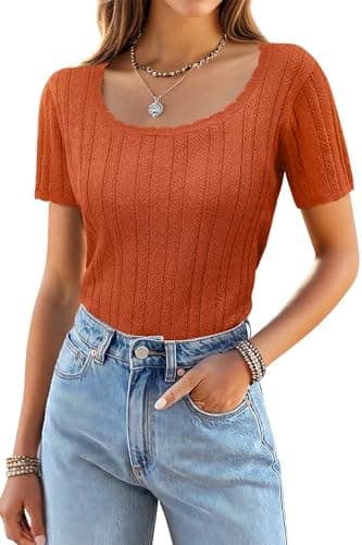 Arach&Cloz 2024 Summer Womens Trendy Square Neck Sweater Short Sleeve T Shirts Ribbed Basic Tops Rust Orange Red - Image 1