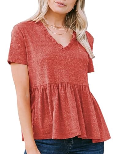 EXLURA Women's Summer Crop Babydoll Peplum Tops Cute V Neck Short Sleeve Business Casual Trendy T Shirts Beach Vacation 2026 Orange Red - Image 1