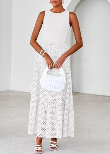 Lazysmile Womens Summer Dresses Crewneck Sleeveless A-Line Hollow Out Eyelet Tiered Tank Maxi Dress Sundress with Pockets White - Thumbnail 5