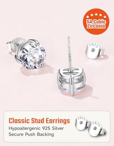 Justbeingcute Sterling Silver Diamond Earrings 6.5mm April Birthstone Stud Gemstone Cubic Zirconia Stud Earrings Jewelry Timeless Round Cut Hypoallergenic Everyday Minimalist 1ct - Thumbnail 4