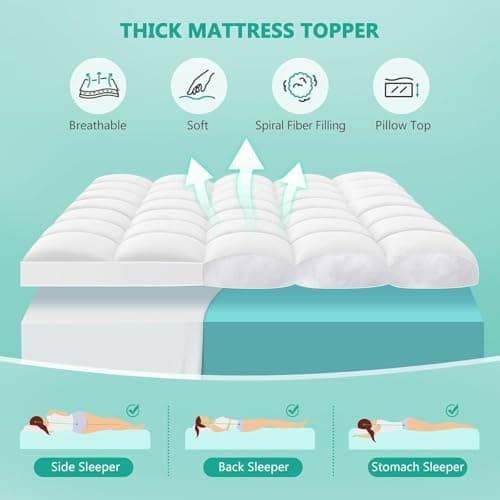 TESIONE Full Mattress Topper - Extra Thick Mattress Pad Cover - Pillow Top with Soft Breathable Spiral Fiber Filling, 8-21 Inch Deep Pocket, Cooling, White - Thumbnail 3