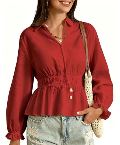 AceNest Crop Linen Tops for Women Puff Sleeve Peplum Blouse V Neck Babydoll Tops Smocked Elastic Pleated Peplum Tops Casual Loose Fit Red S