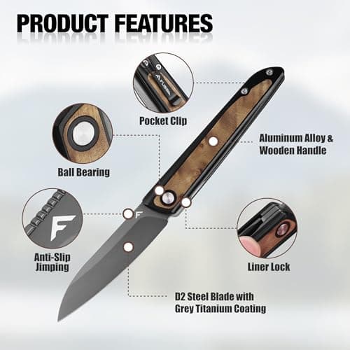 FLISSA Pocket Knife, Folding Knife with D2 Steel Blade, Liner Lock, Aluminum Alloy & Wooden Handle, Ball Bearing and Pocket Clip for EDC, Camping, Hiking, Outdoor Activities - Thumbnail 3