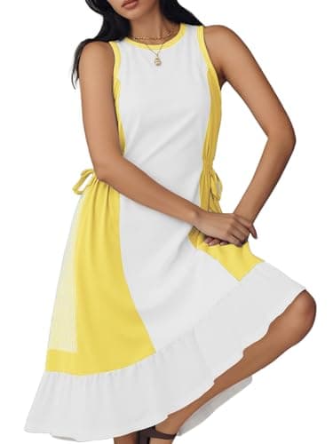 AOVDE Striped Women Dress Color Block Sleeveless Flowing Summer Drawstring Midi Knee Length Dress with Pockets for Spring Yellow - Image 1