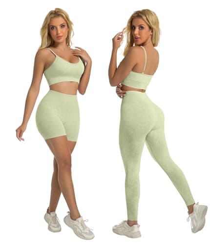 YOAKUKA Women's 4 Piece Workout Sets Seamless Acid Wash Yoga Outfits with Short Sleeve Top Sports Bra Biker Shorts High Waist Leggings Active Set - Thumbnail 3
