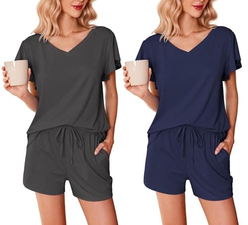 Ekouaer 2 Pack Women's Pajamas Set Soft Ruffle Sleeve Pjs Set Casual V Neck Lounge Set with Pockets,Small,Deep Gray/Navy Blue - Image 1