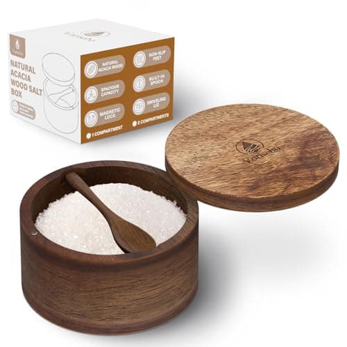 Vorisebo Acacia Wood Salt Container with Built-in Spoon, Elegant Salt Holder with Magnetic Swivel Lid, Salt Box for Kitchen to Storage Pepper, Spice or Favorite Seasonings, 6OZ - Image 1