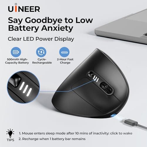 Uineer Wireless Ergonomic Mouse, Wireless Bluetooth Rechargeable Vertical Mouse, 7 Color LED, 4 DPI Adjustable, USB-A Receiver, Wrist Strain Relief,Optical Mice for Computer/PC/Laptop, Black (Black) - Thumbnail 5