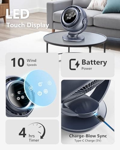 AGEYOU Desk Fan for Office, 90°Oscillating Fan with 6000mAh Rechargeable, 10 Speeds 4H Timer 270°Tilt Adjustment, 29dB Ultra-Quiet Portable Personal Table Fans, Gifts for Christmas Women Men Home - Thumbnail 4