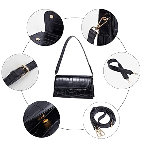 Telena Shoulder Bag for Women, Vegan Leather Women's Shoulder Purses Handbags with 2 Removable Strap Crossbody Bag Purses Crocodile Pattern Black - Thumbnail 6