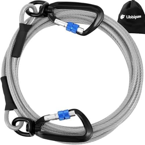 Libbipaw Dog Tie Out Cable 25FT Heavy Duty Chew Proof, Tangle-Free Runner with 360° Swivels & Locking Clip for Large Dogs Up to 250LBS - Rust Proof Leash for Yard, Camping, Outside (Silver 25FT)