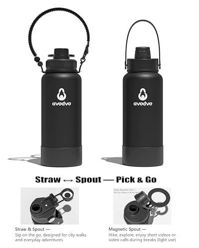 avodvo 32 oz Insulated Water Bottle with 2 Lids (2-in-1 Straw & Spout Lid, Magnetic Lid), Slim Water Bottle with Strap, Stainless Steel Water Bottle for Hiking, Gym, Travel, BPA-Free, Black - Thumbnail 3
