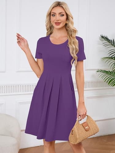 KORSIS Women Short Sleeve Dresses Purple 2XL Casual Round Neck A-Line Pleated Pockets Fall Dress Beach Vacation Sundress with Cardigan - Thumbnail 4