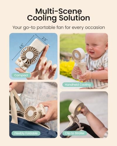 GROWNSY Portable Stroller Fan with Clip | Foldable Baby Fan for Car Seat | Small Handheld Fan with Soft Night Light | Rechargeable 4-Speed Mini Fan for Carrier/Beach/Travel/Crib/Camping (Beige) - Thumbnail 2
